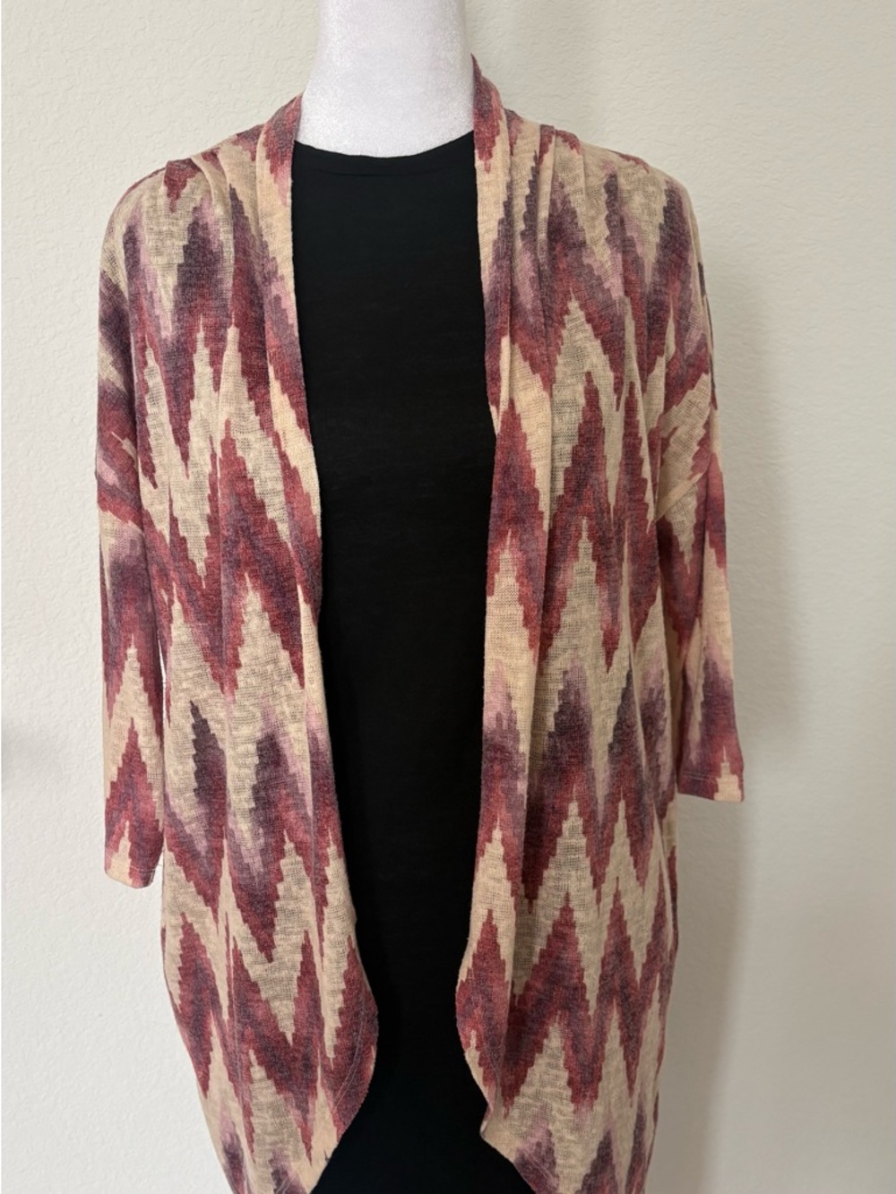 Maurices Burgundy & Cream Chevron Open-Front Cardigan